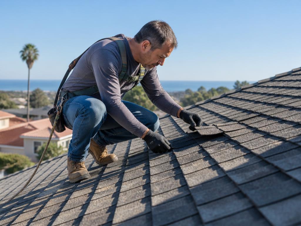 Shingle Savers roofing technician kneeling on a Southern California home's roof, inspecting worn asphalt shingles for granule loss